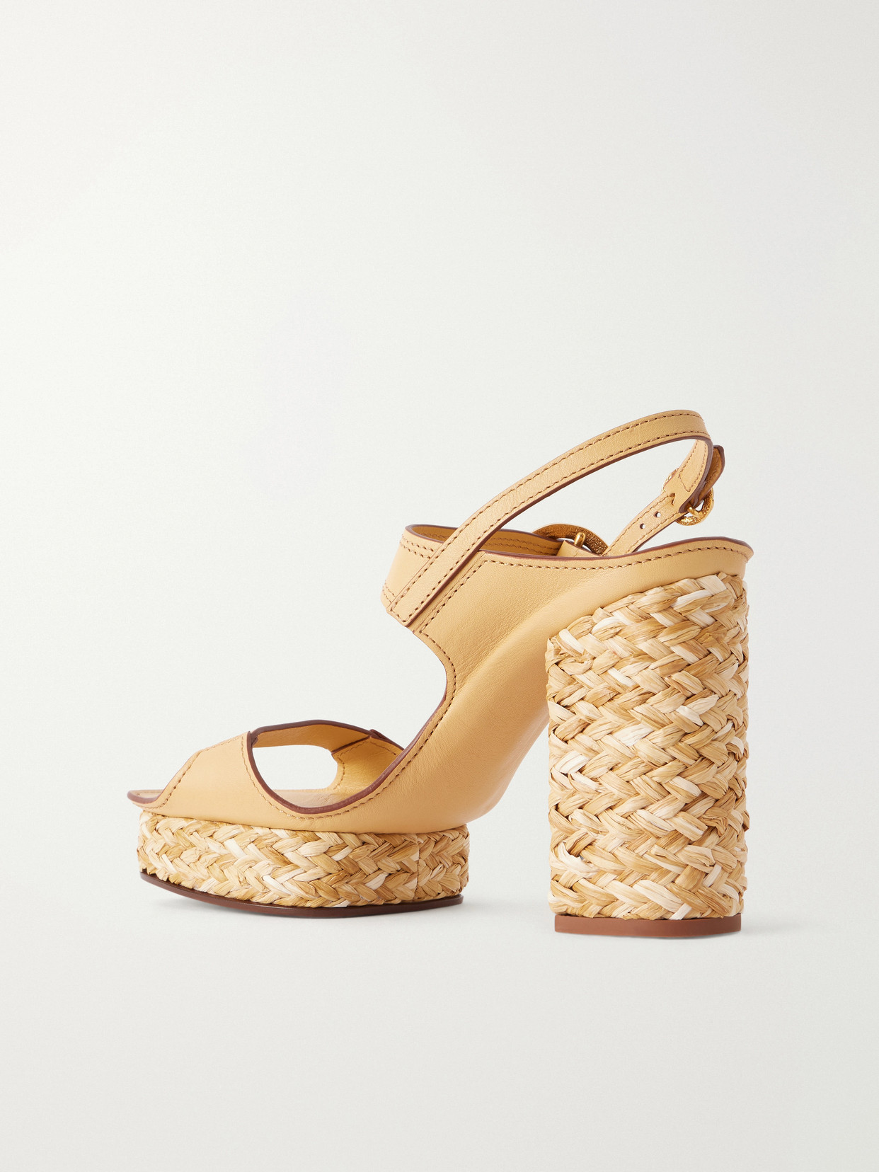Solena Raffia-Trimmed Leather Platform Sandals