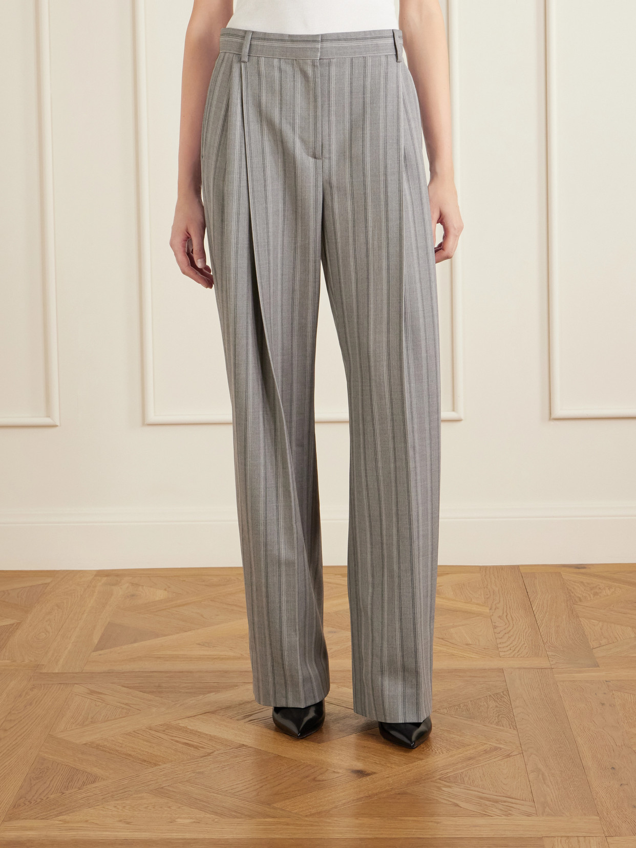 Striped Low-Rise Wool Straight-Leg Pants