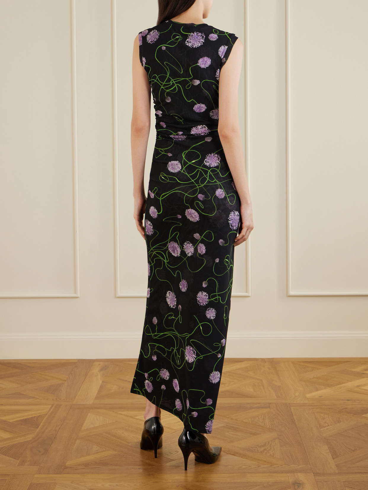 Stella Mccartney Twisted Floral Mesh Body-con Midi Dress In Black
