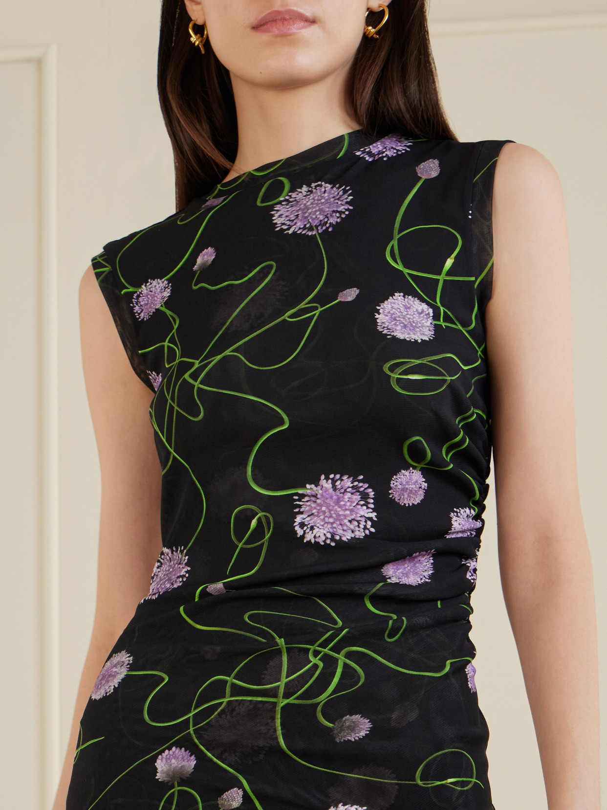Stella Mccartney Twisted Floral Mesh Body-con Midi Dress In Black