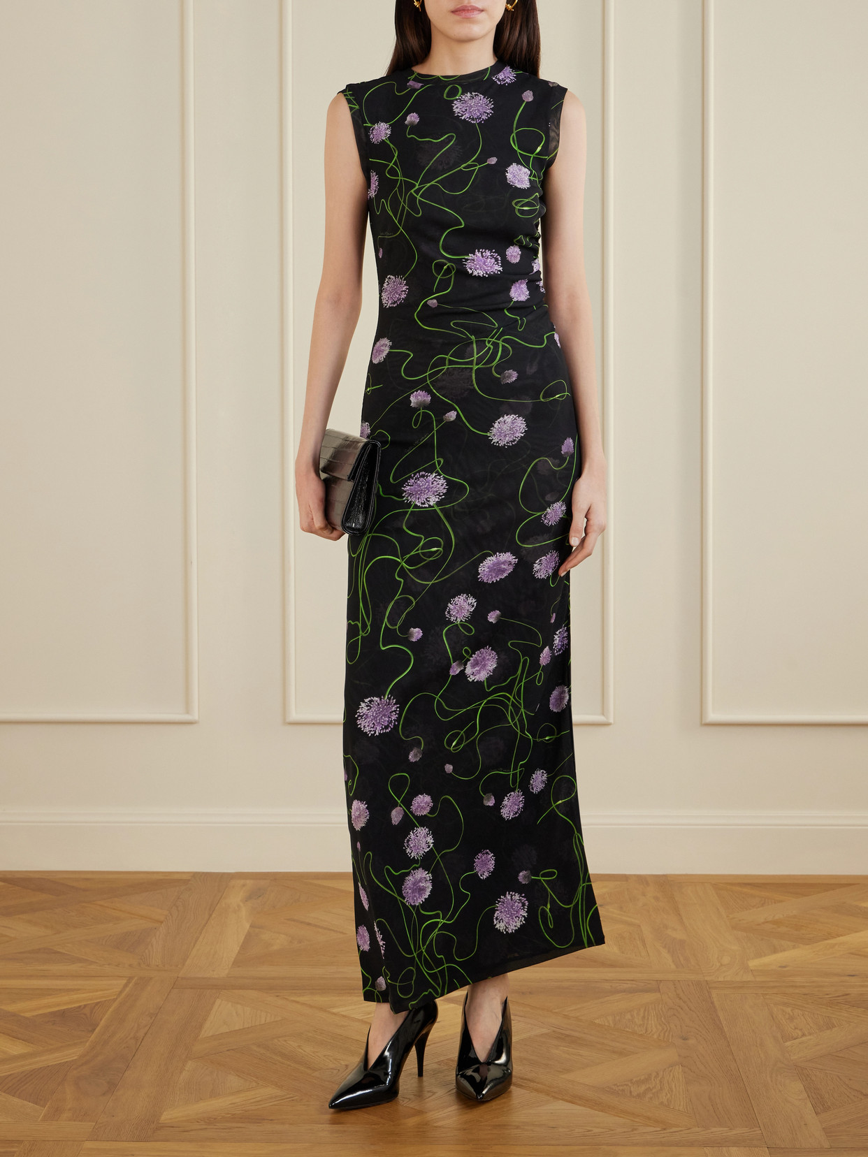 Stella Mccartney Twisted Floral Mesh Body-con Midi Dress In Black