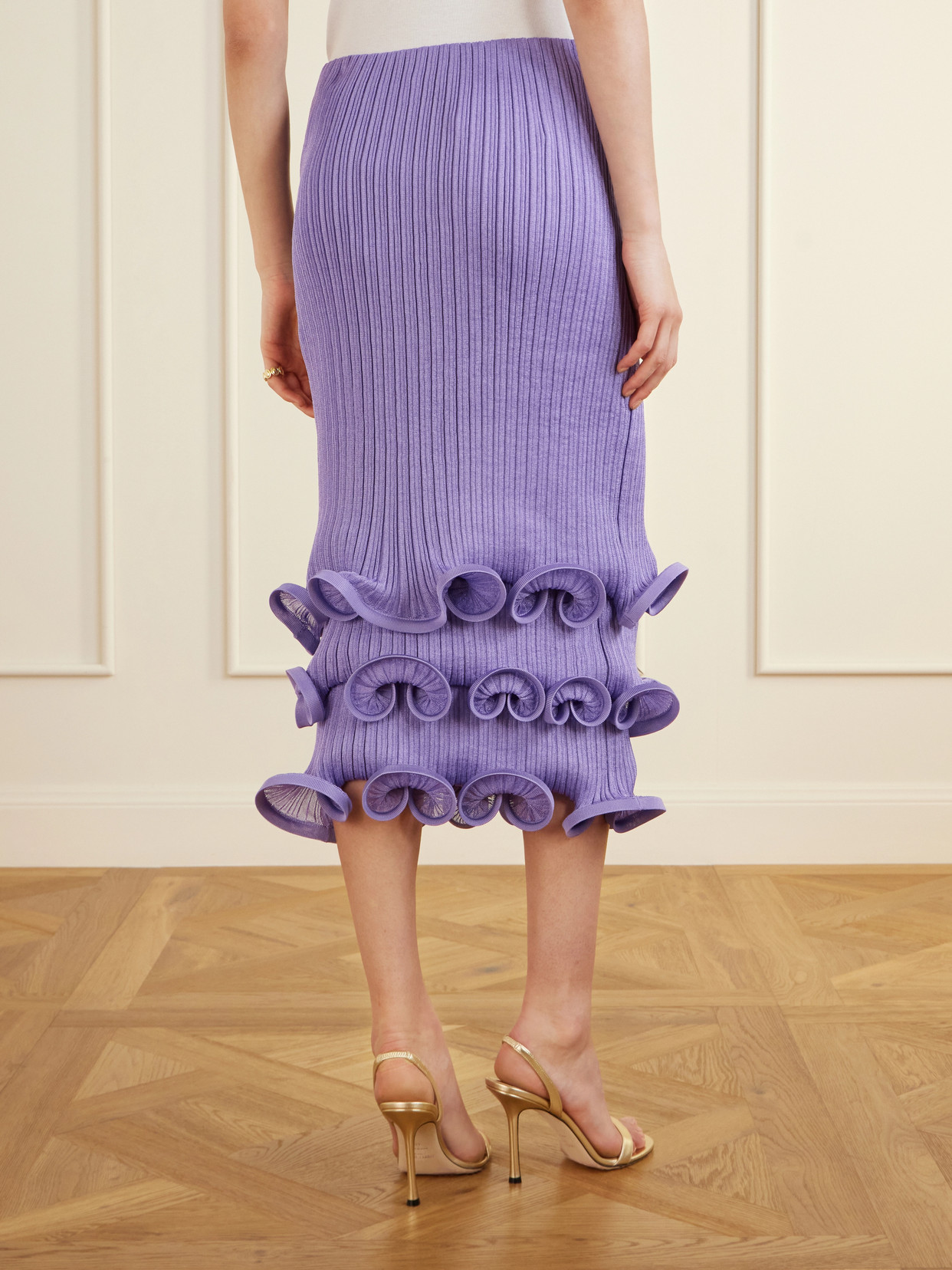 Tiered Ruffled Ribbed-Knit Midi
