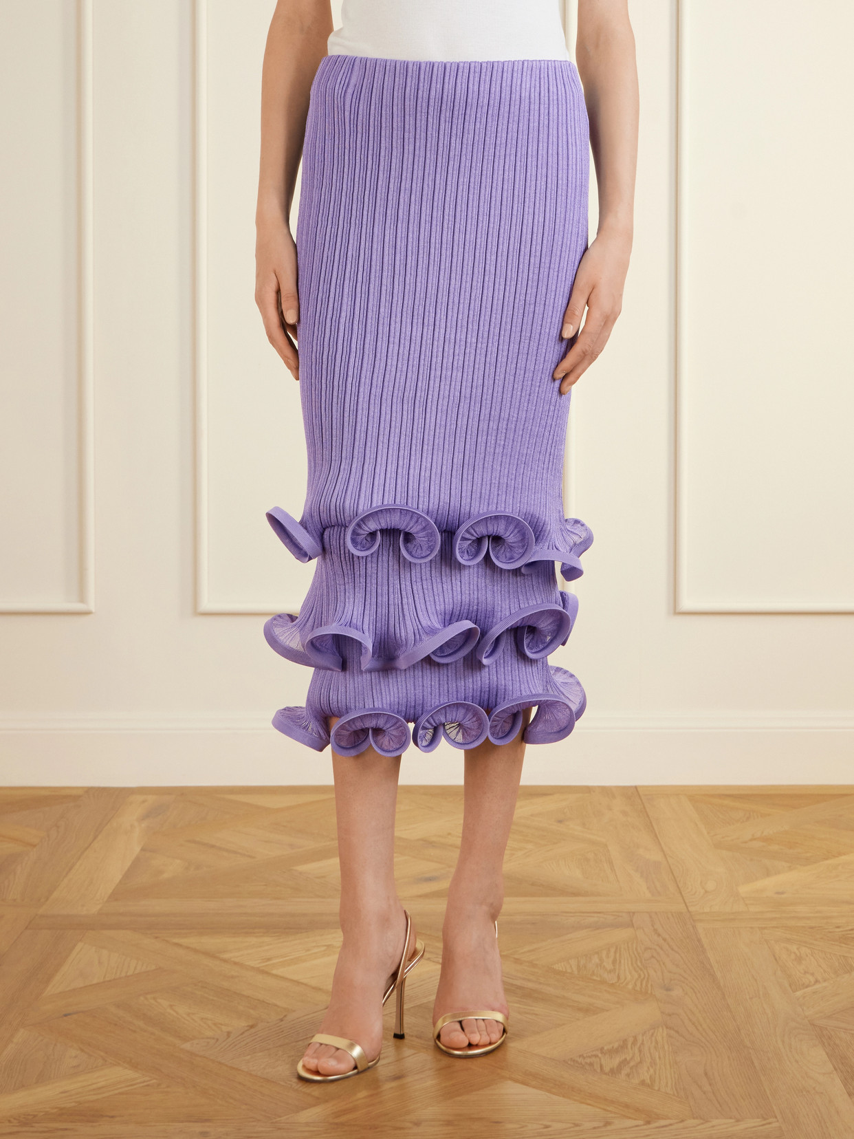 Tiered Ruffled Ribbed-Knit Midi