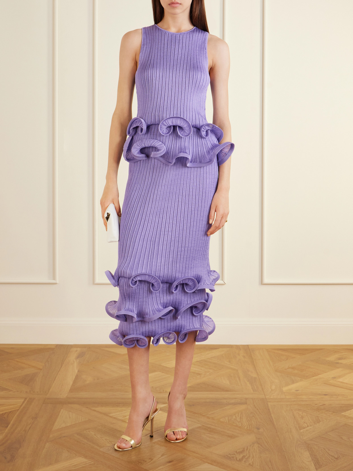 Tiered Ruffled Ribbed-Knit Midi