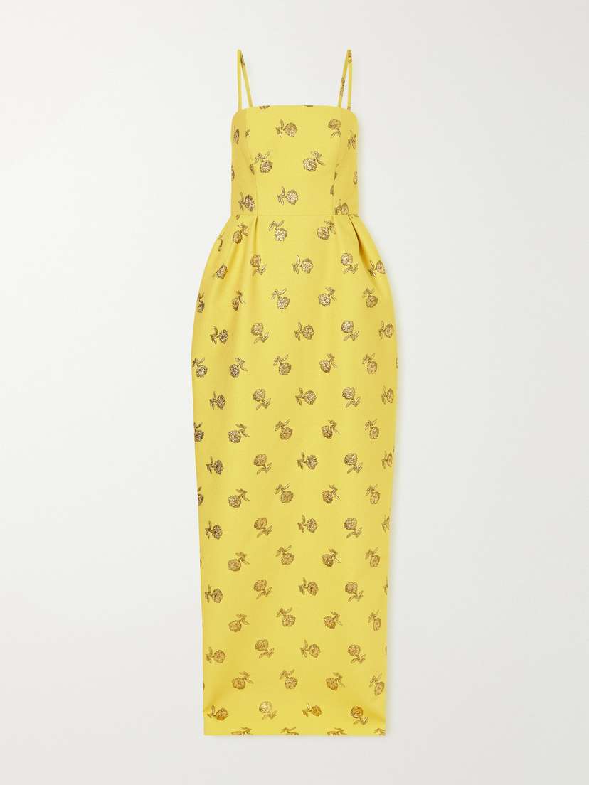 Carolina Herrera Pleated Floral-jacquard Lurex-trimmed Crepe Gown