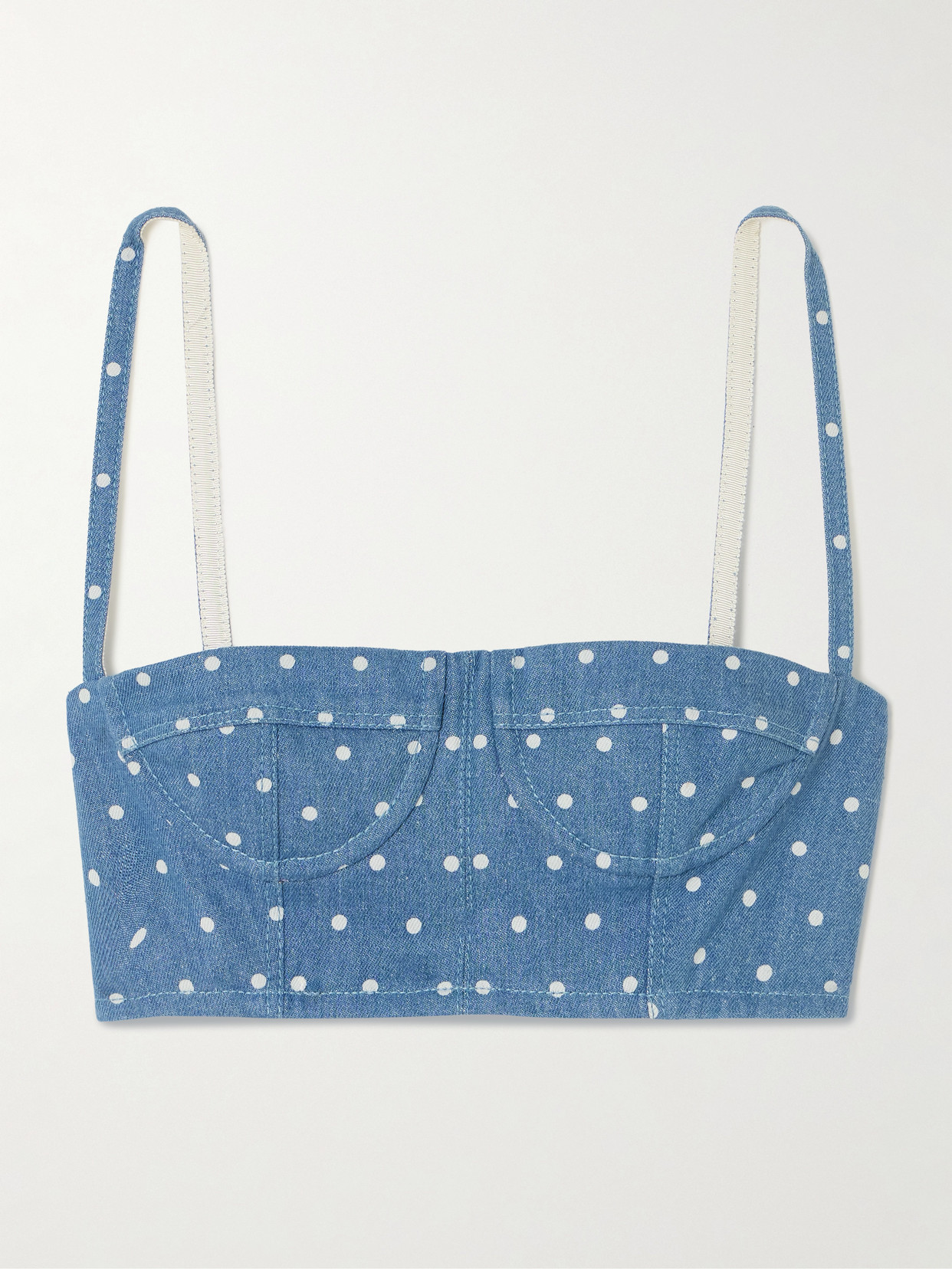 Carolina Herrera Cropped Polka-dot Denim Bustier Top In Blue