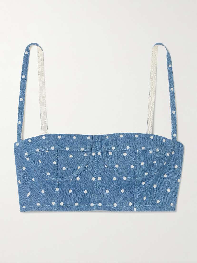 Carolina Herrera Cropped Polka-dot Denim Bustier Top