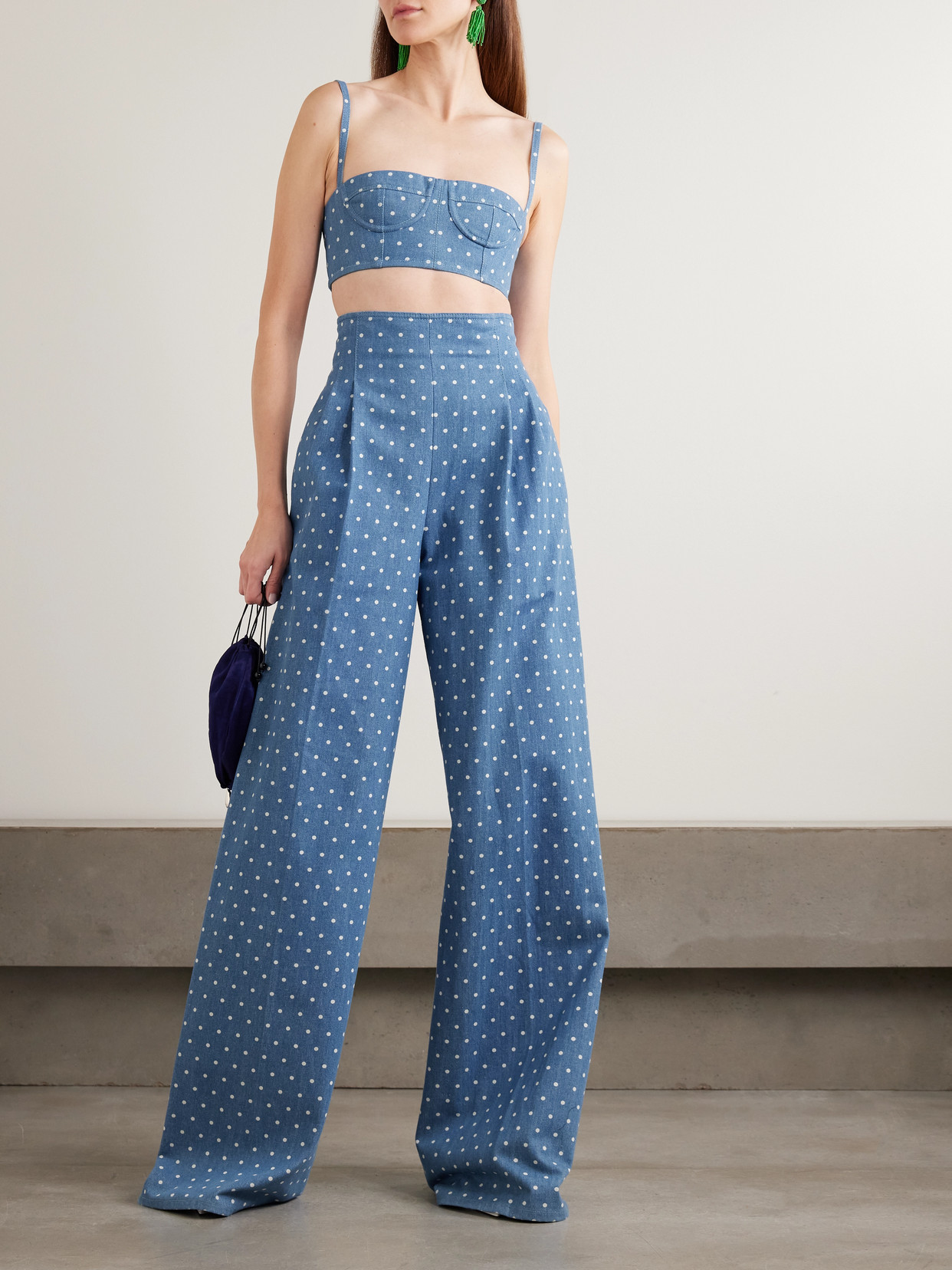 Cropped Polka-Dot Denim Bustier Top