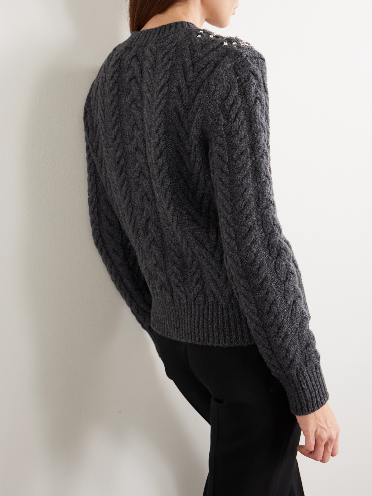 Alexander Mcqueen Crystal-embellished Cable-knit Wool And Cashmere-blend Cardigan In Gray