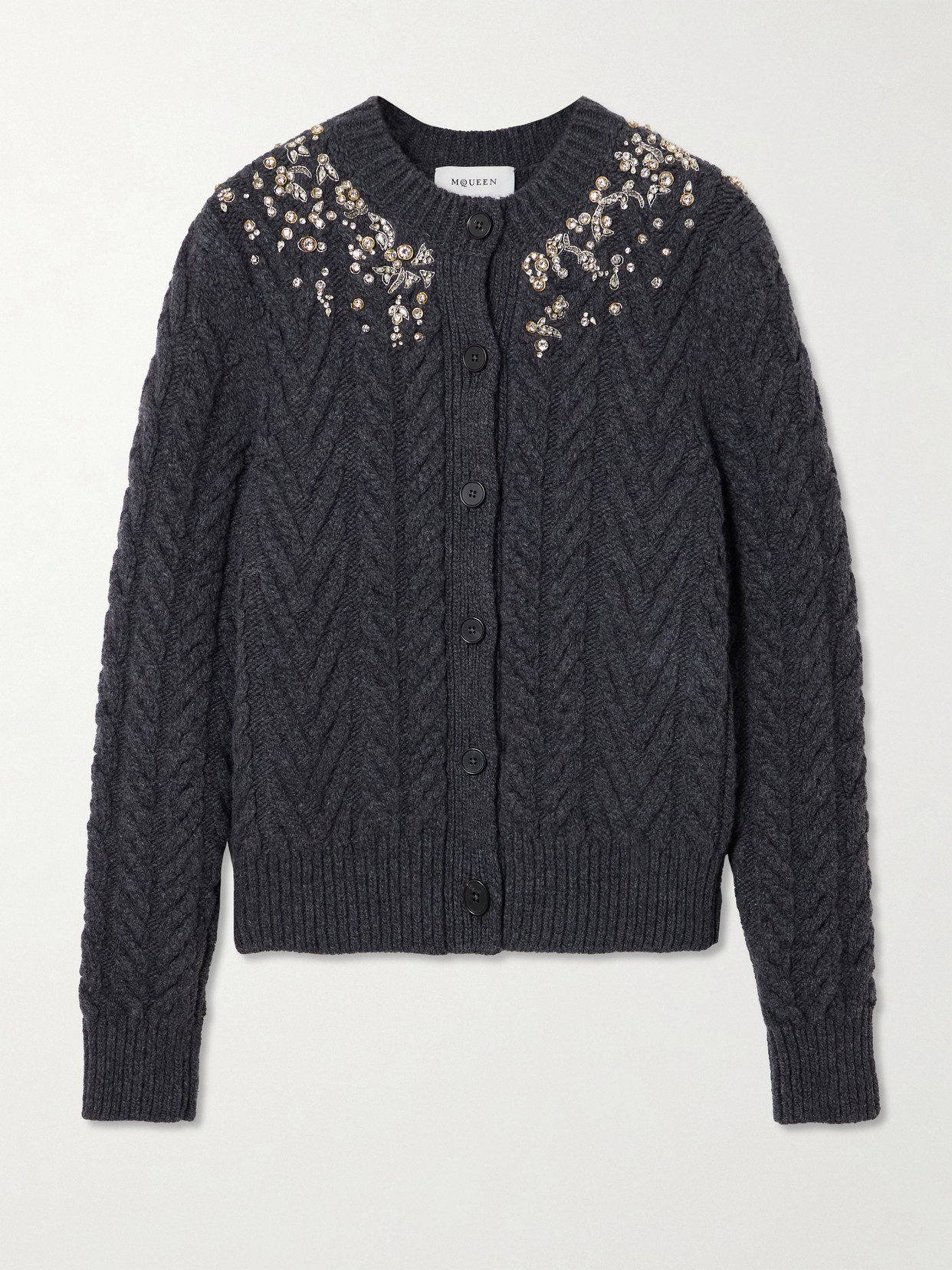Alexander Mcqueen Crystal-embellished Cable-knit Wool And Cashmere-blend Cardigan In Gray