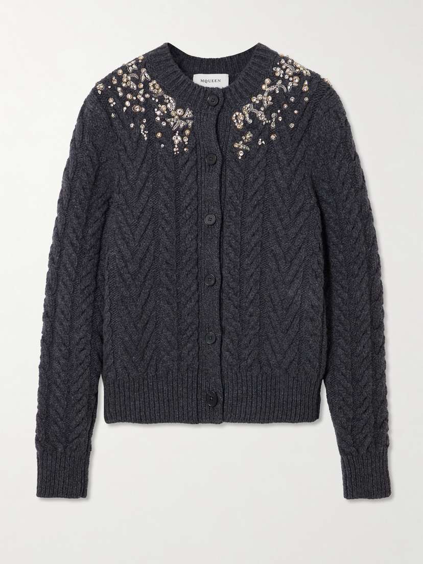 McQueen Crystal-embellished Cable-knit Wool And Cashmere-blend Cardigan
