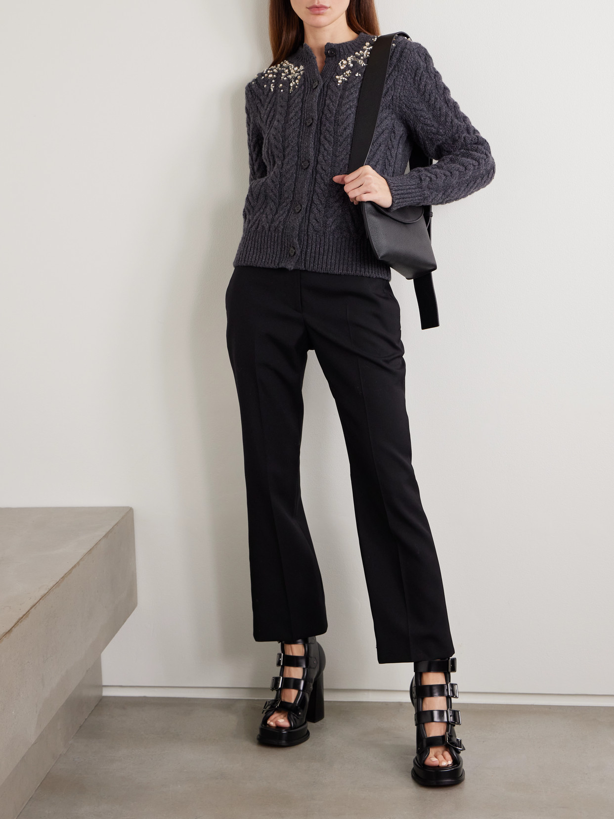 Alexander Mcqueen Crystal-embellished Cable-knit Wool And Cashmere-blend Cardigan In Gray
