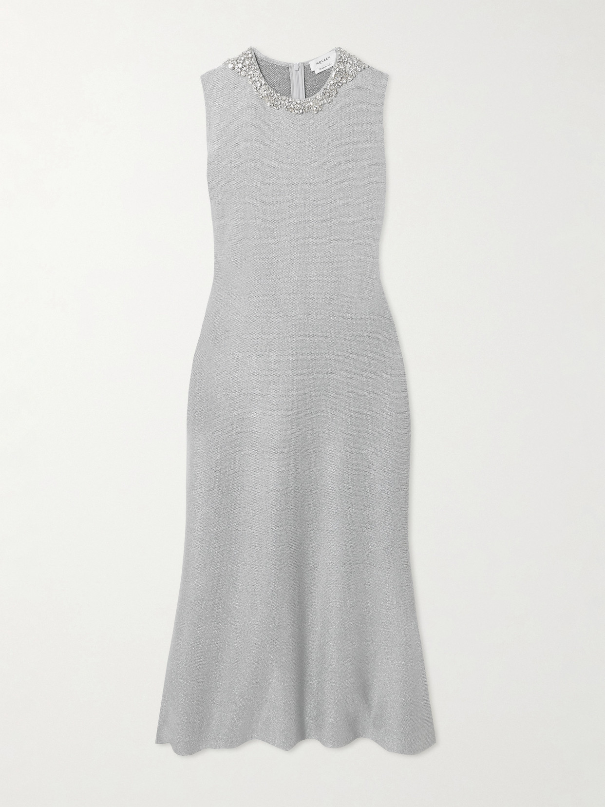Alexander Mcqueen Embellished Metallic Stretch-knit Midi Dress In Silver