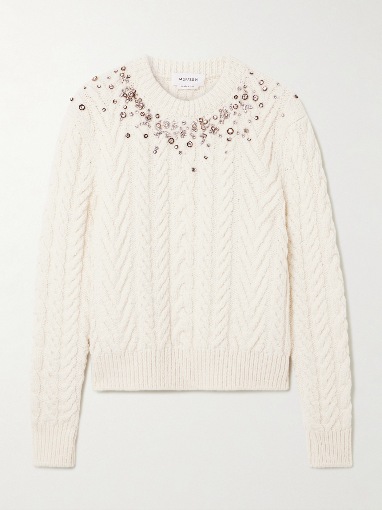 Alexander Mcqueen Crystal-embellished Cable-knit Wool And Cashmere-blend Sweater In White