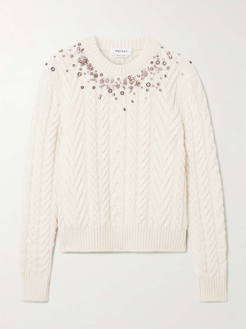 McQueen Crystal-embellished Cable-knit Wool And Cashmere-blend Sweater