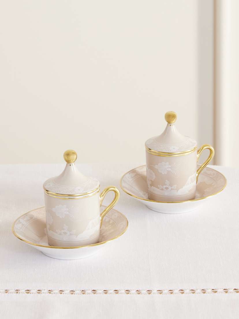 GINORI 1735 Oriente Italiano Set Of Two Gold-plated Porcelain Coffee Cups, Covers And Saucers