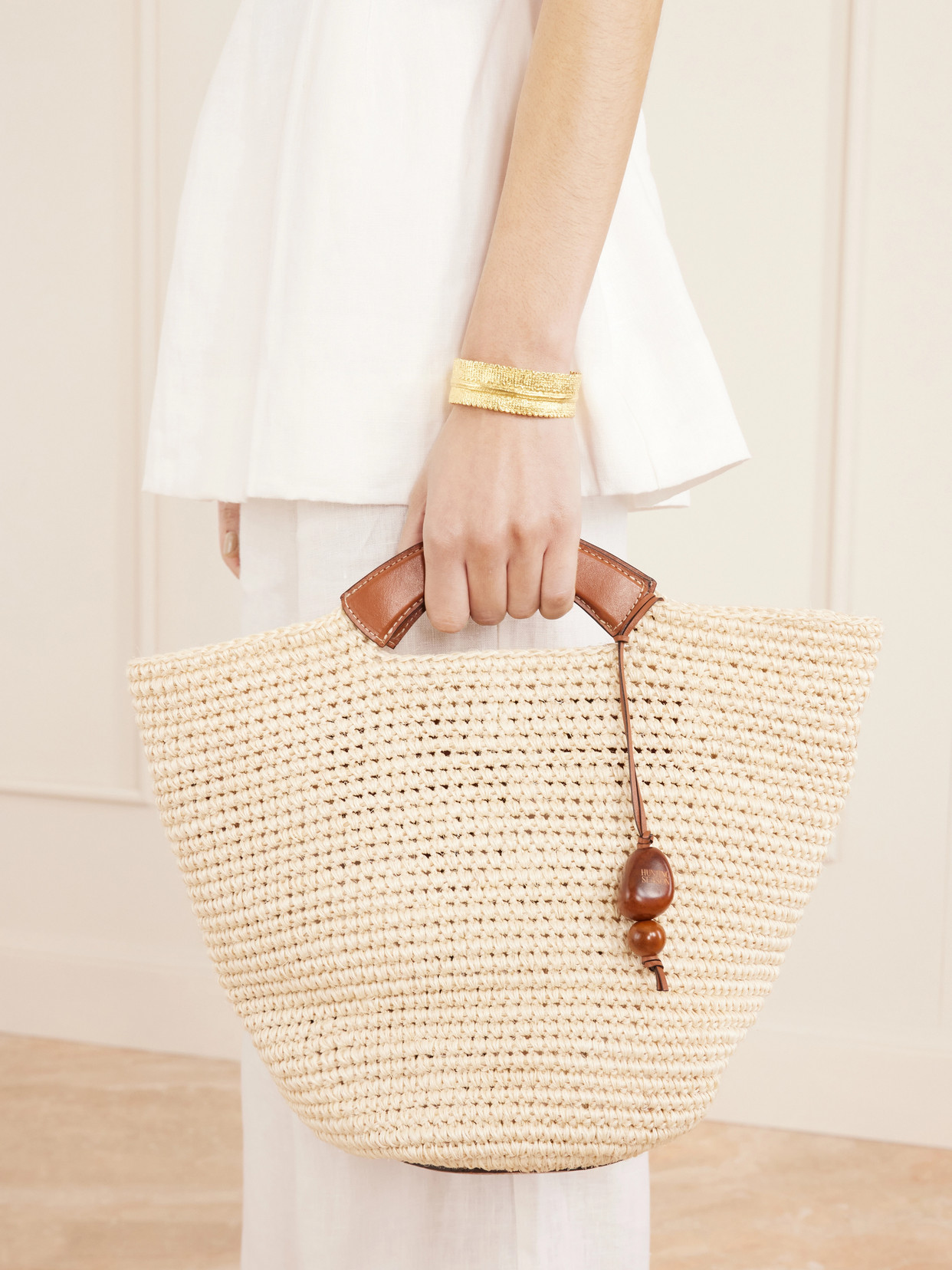 Leather-Trimmed Raffia Tote