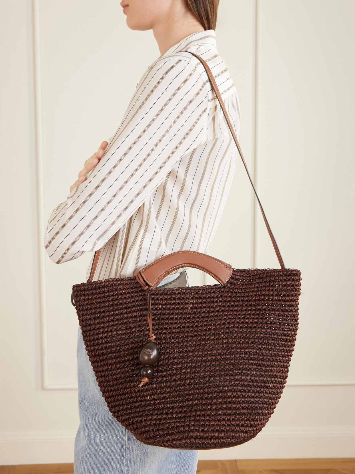Shopper Large Leather-Trimmed Woven Raffia Tote