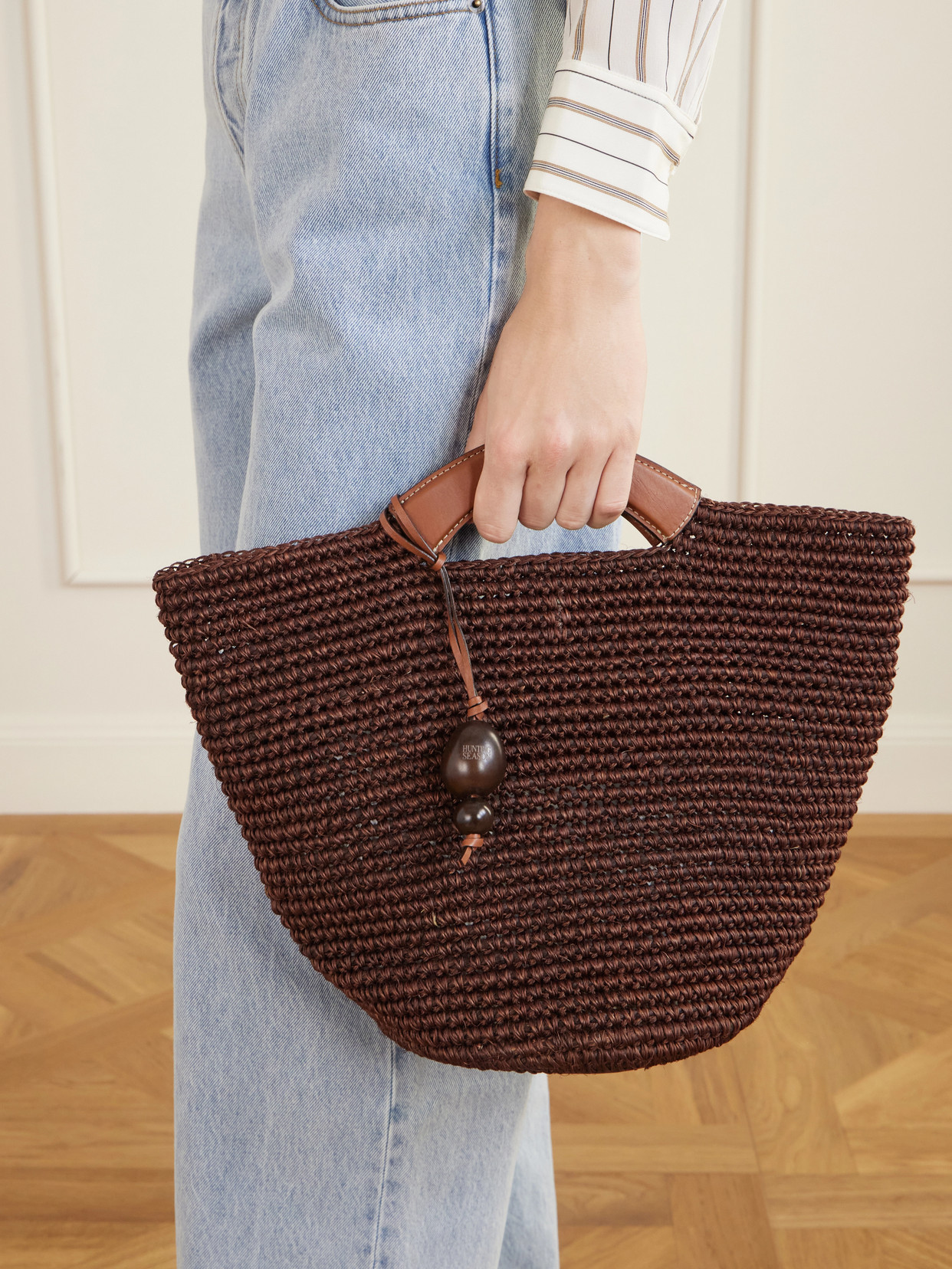 Shopper Large Leather-Trimmed Woven Raffia Tote