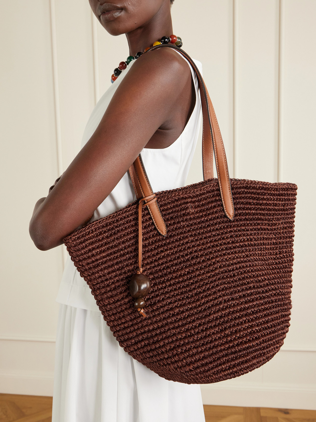 Market Leather-Trimmed Woven Raffia Tote