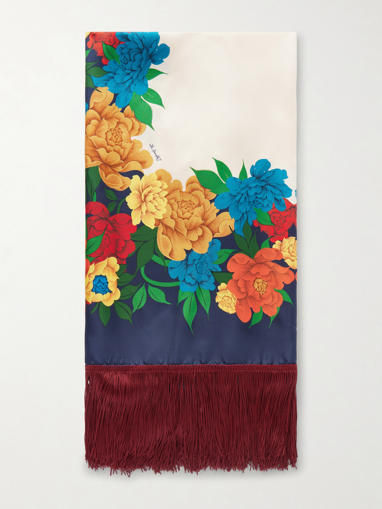La Doublej Fringed Floral-print Silk-twill Scarf In Orange