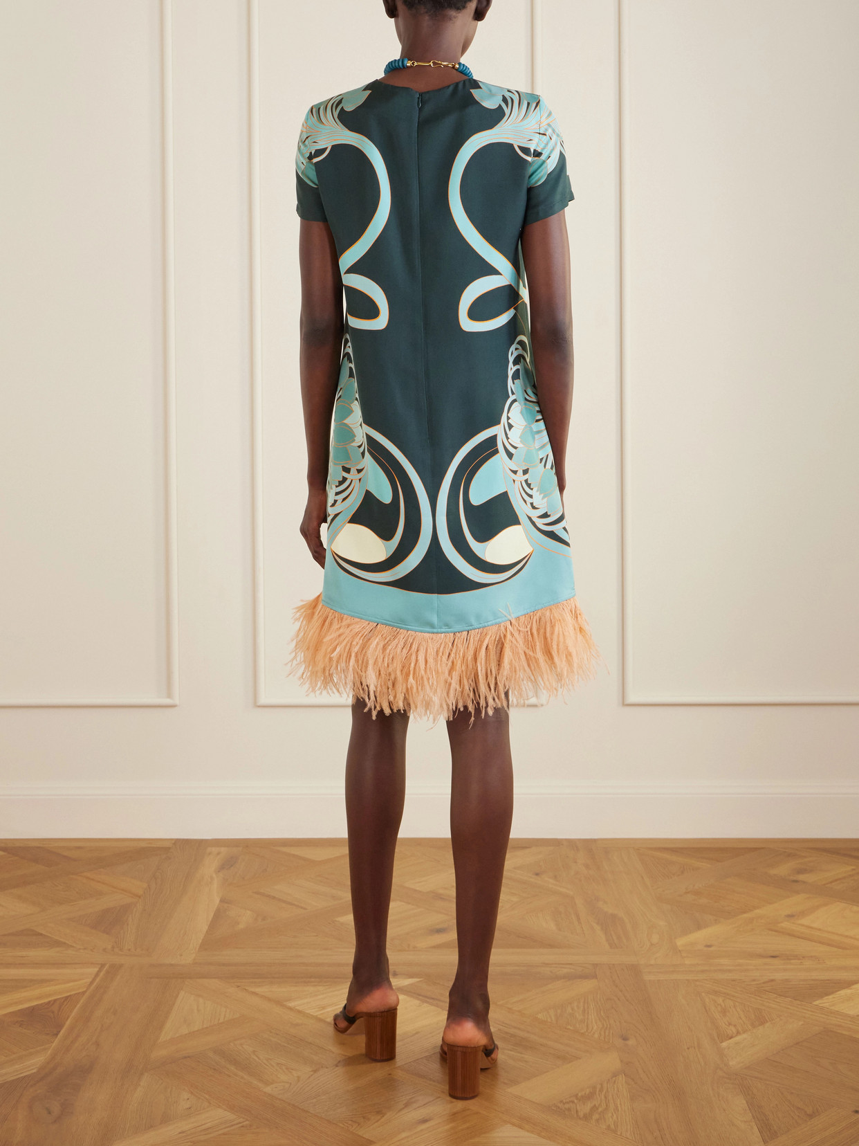 La Doublej Swing Printed Feather-trimmed Silk-twill Mini Dress In Blue