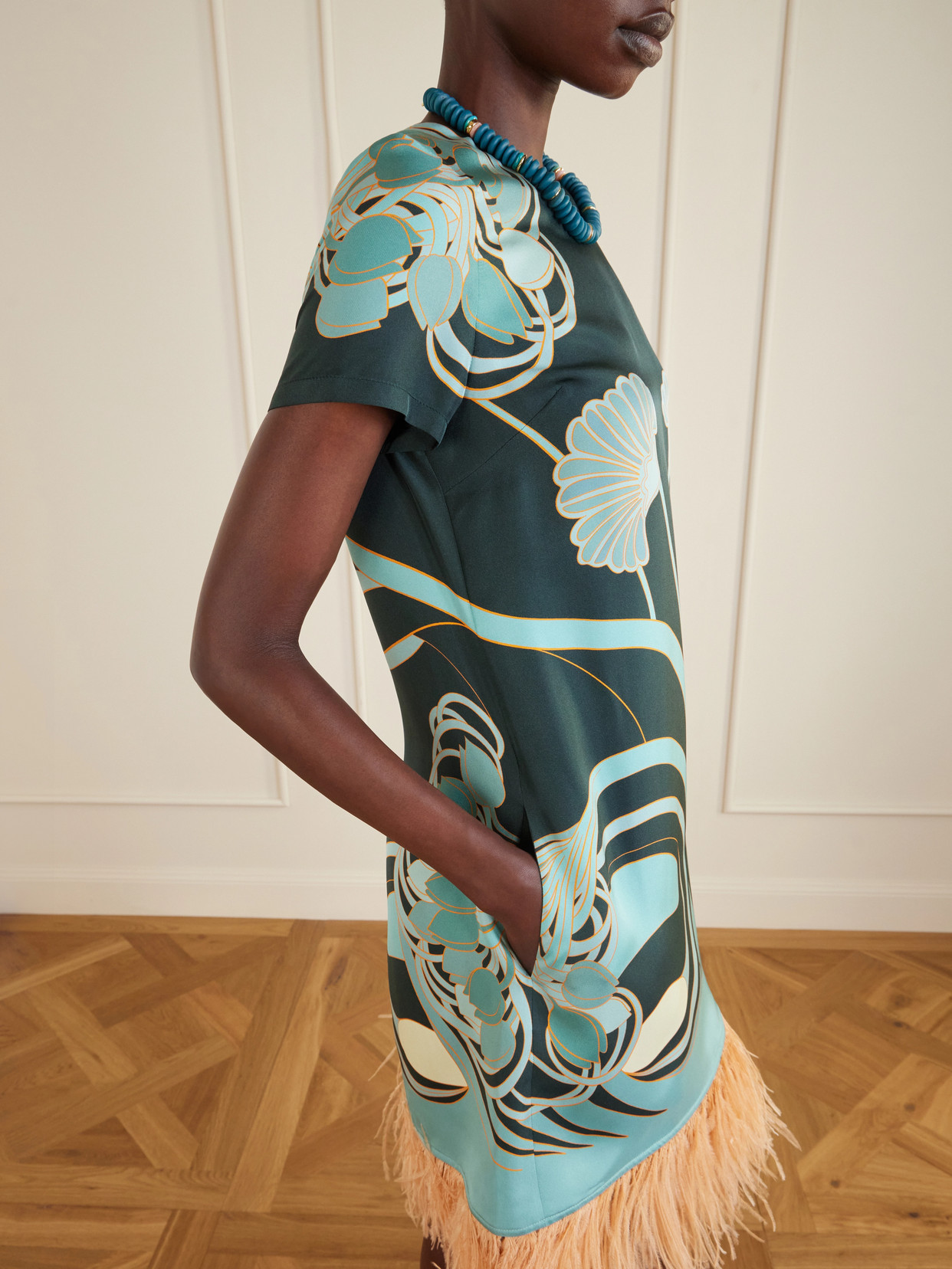 La Doublej Swing Printed Feather-trimmed Silk-twill Mini Dress In Blue