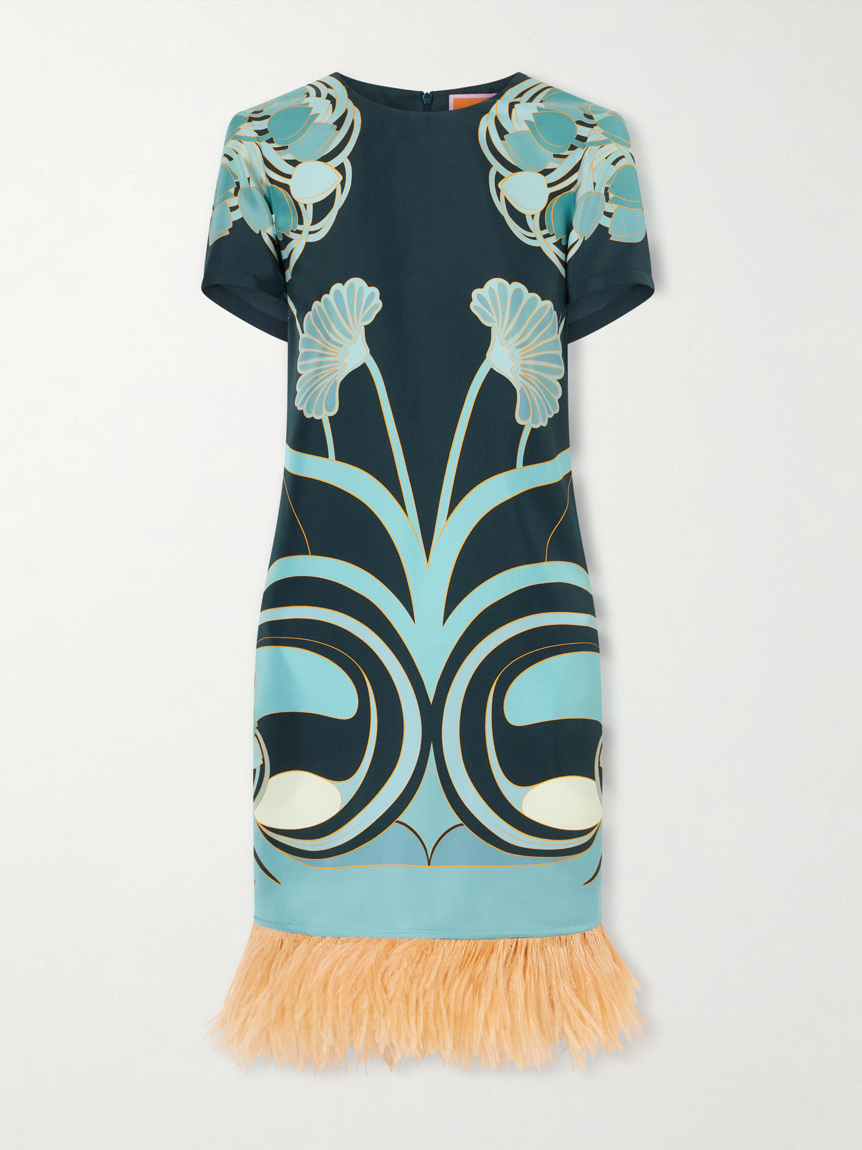 La Doublej Swing Printed Feather-trimmed Silk-twill Mini Dress In Blue