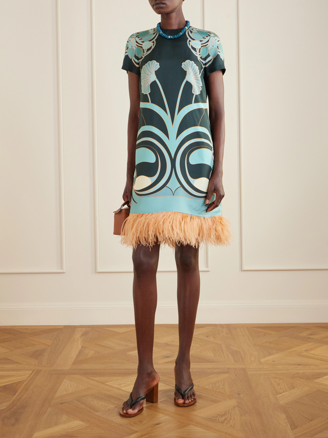 La Doublej Swing Printed Feather-trimmed Silk-twill Mini Dress In Blue