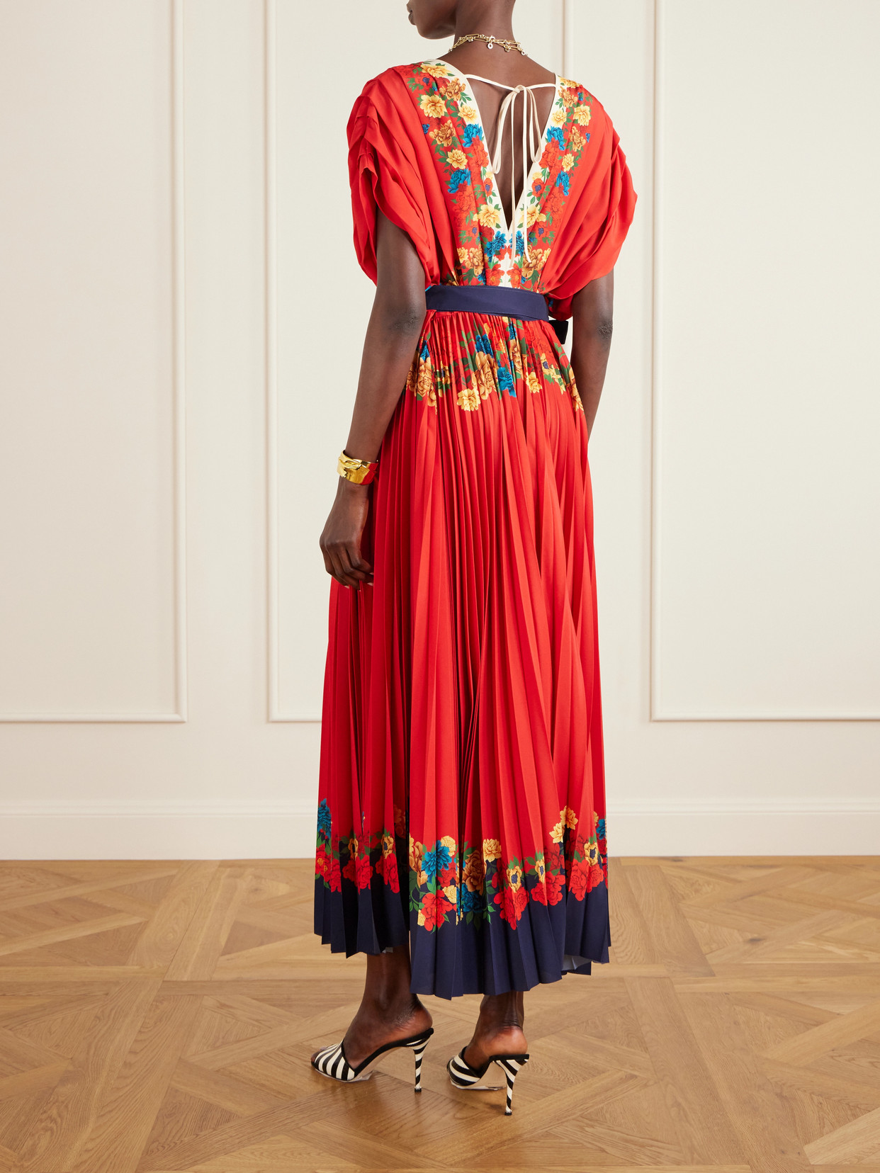 La Doublej Accordion Pleated Floral-print Crepe De Chine Maxi Dress In Red