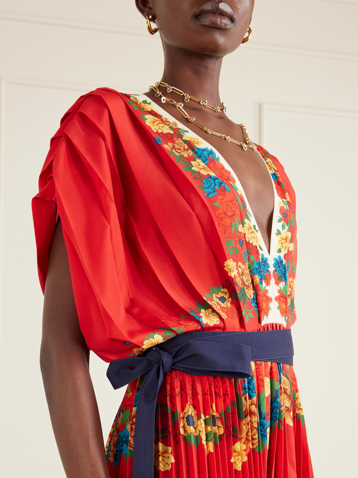 La Doublej Accordion Pleated Floral-print Crepe De Chine Maxi Dress In Red