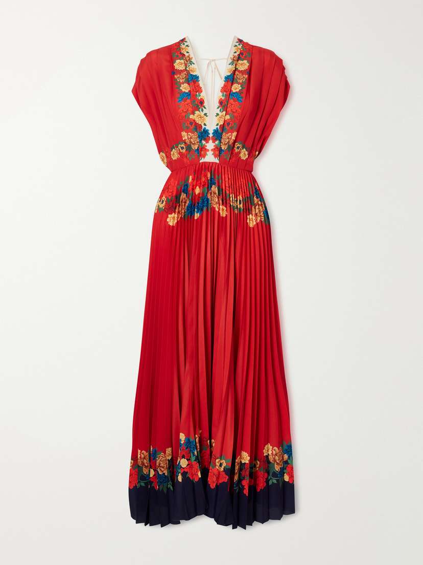 La DoubleJ Accordion Pleated Floral-print Crepe De Chine Maxi Dress