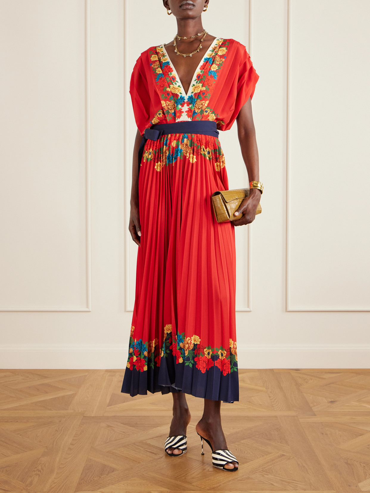 La Doublej Accordion Pleated Floral-print Crepe De Chine Maxi Dress In Red