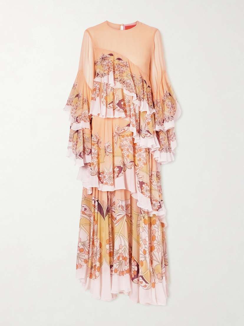 La DoubleJ Naiad Asymmetric Tiered Floral-print Silk-chiffon Maxi Dress