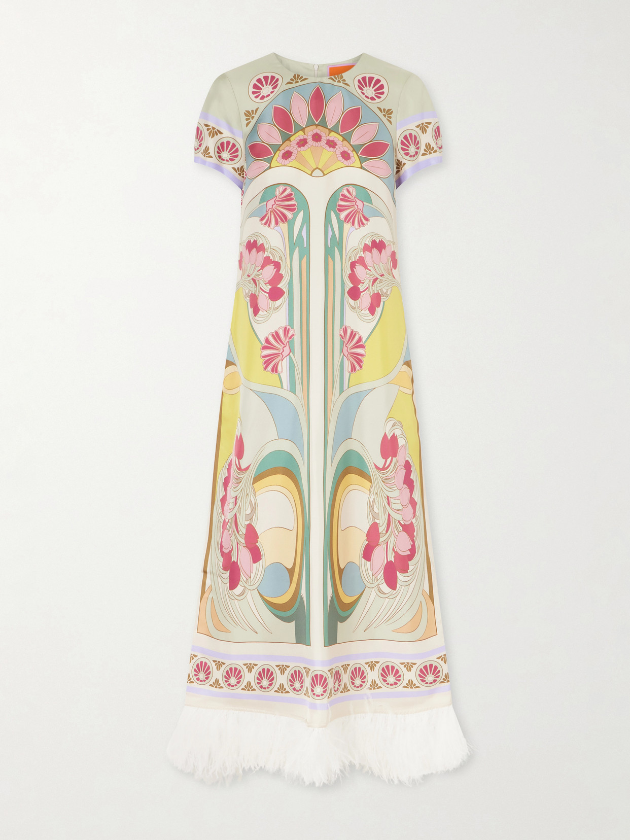 La Doublej Swing Feather-trimmed Silk Maxi Dress In Multi
