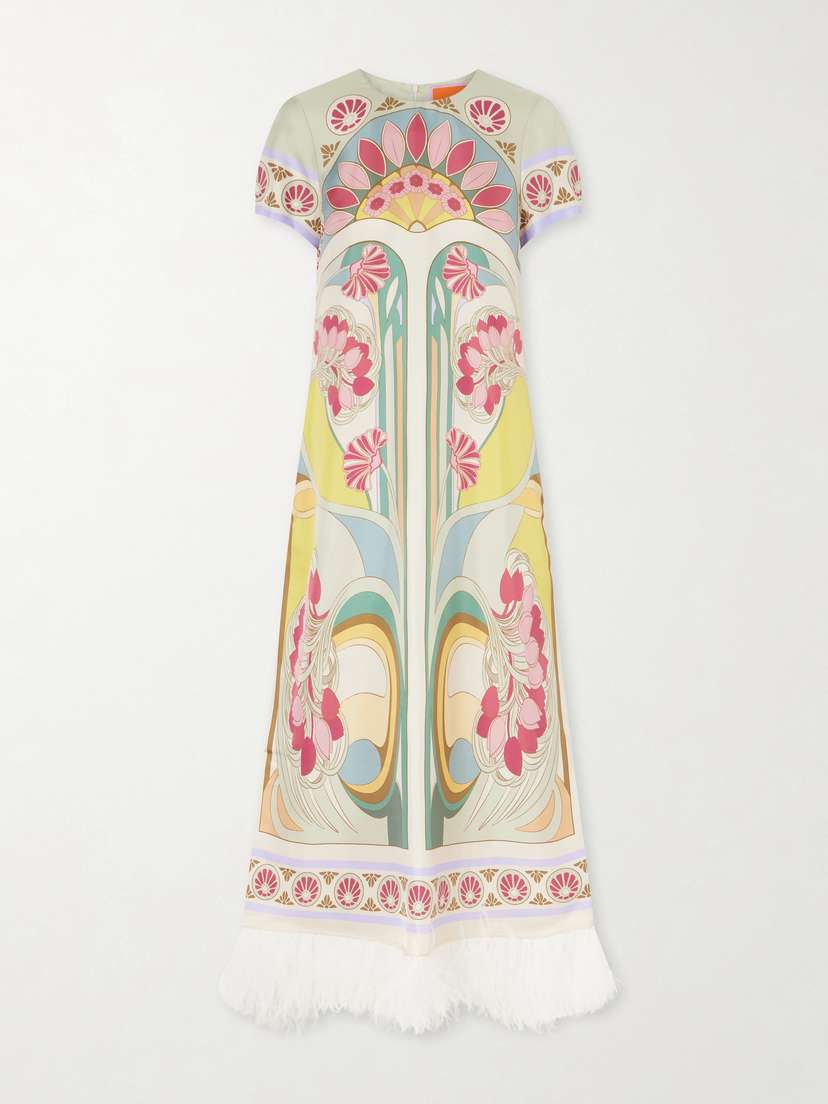 La DoubleJ Swing Feather-trimmed Silk Maxi Dress