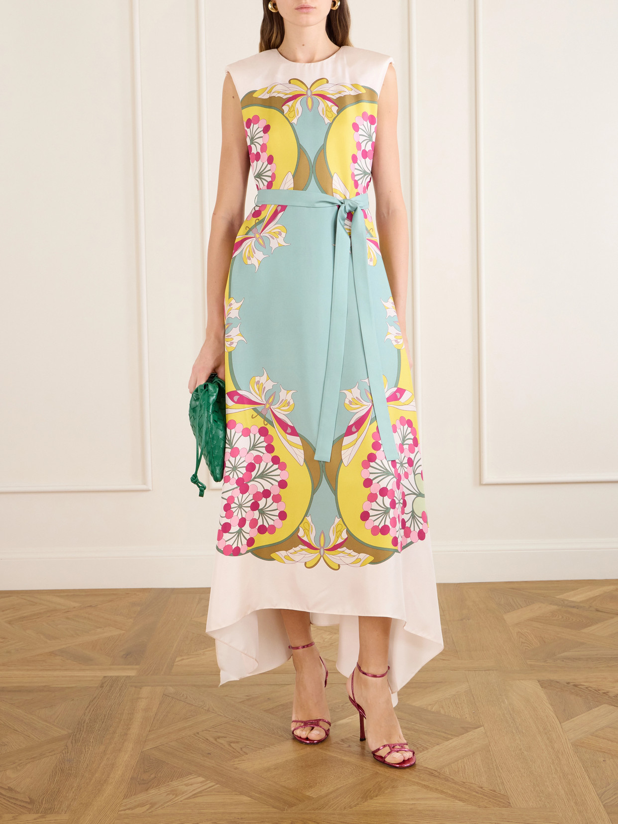 La Doublej San Carlo Belted Printed Silk Maxi Dress In Green