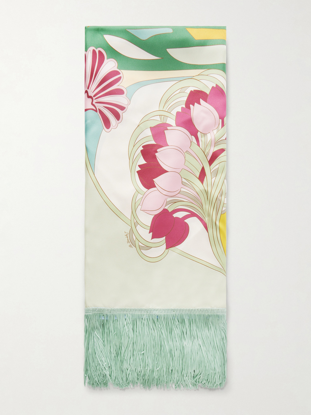 La Doublej Fringed Printed Silk-twill Scarf In Green