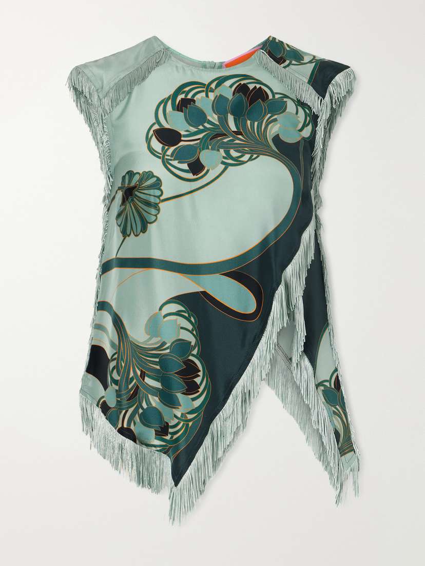 La DoubleJ Fringed Printed Silk-satin Blouse