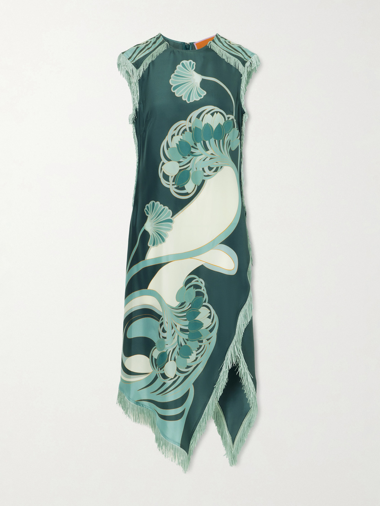 La Doublej Fringed Printed Silk-satin Midi Dress In Green