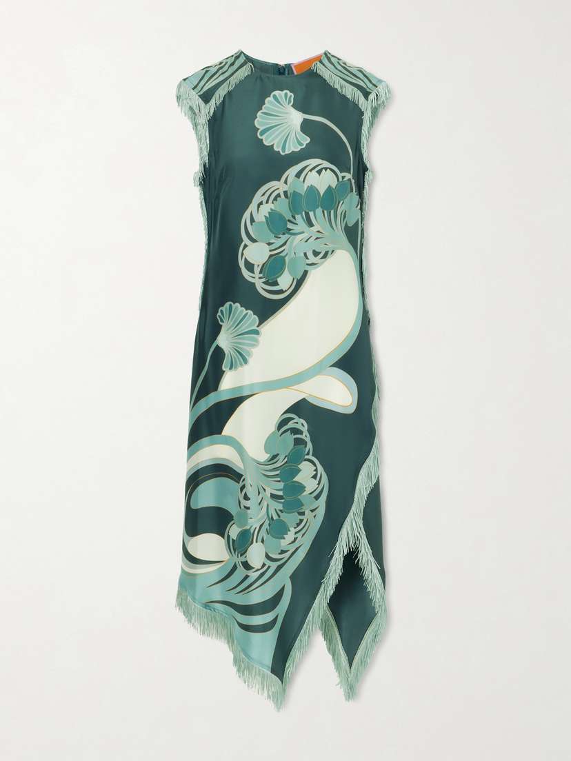 La DoubleJ Fringed Printed Silk-satin Midi Dress