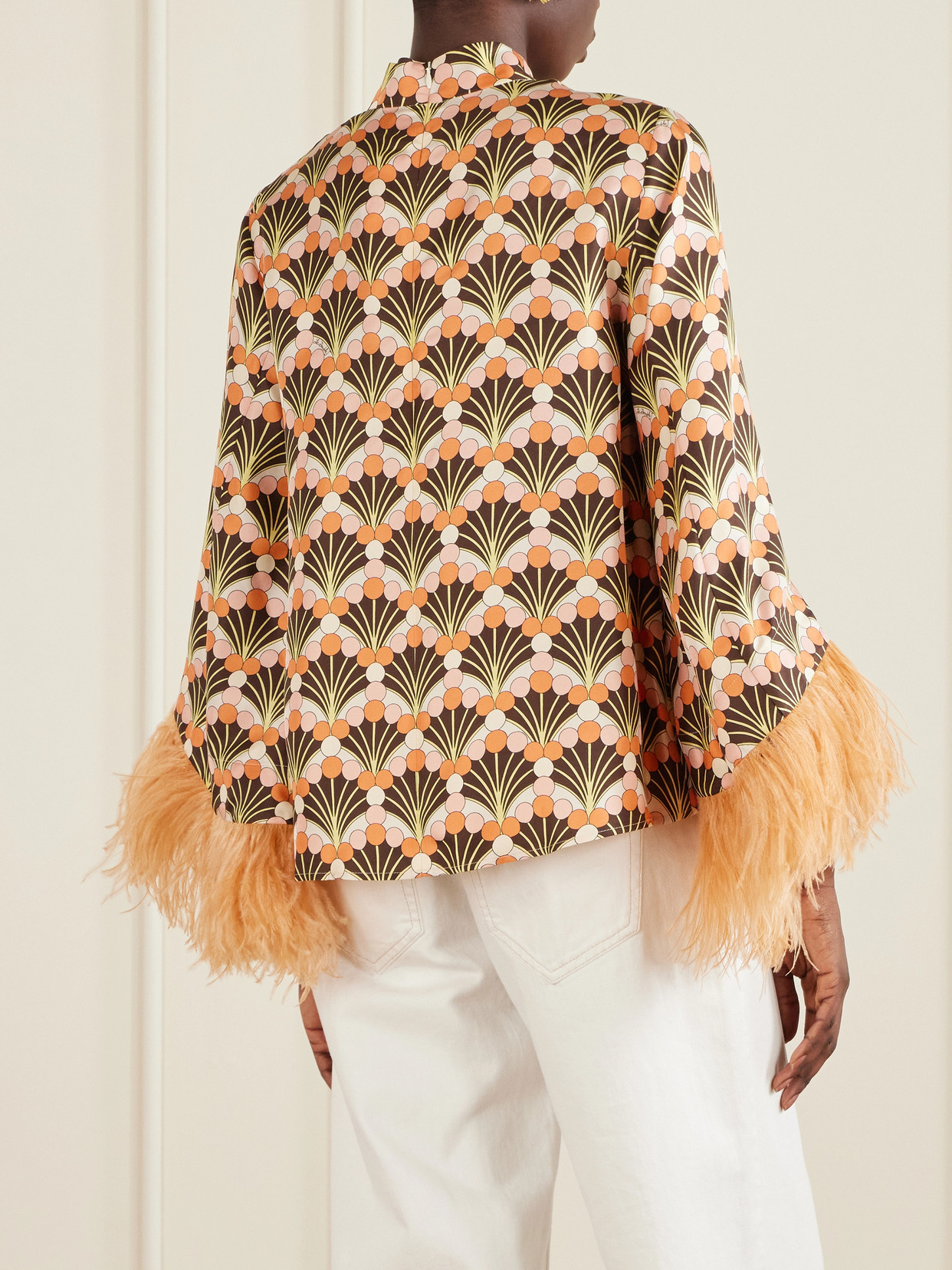 La Doublej Make An Exit Feather-trimmed Printed Silk-twill Top In Orange