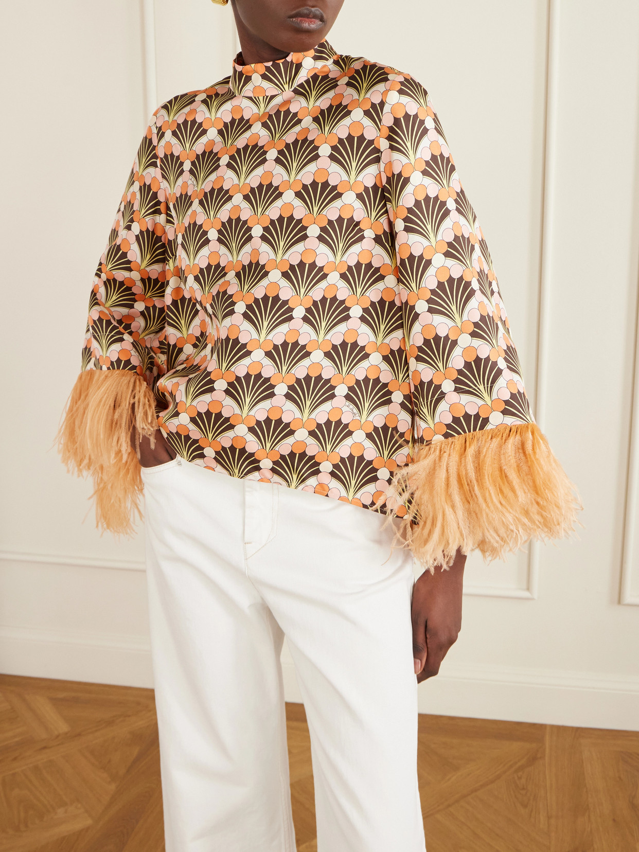 La Doublej Make An Exit Feather-trimmed Printed Silk-twill Top In Orange