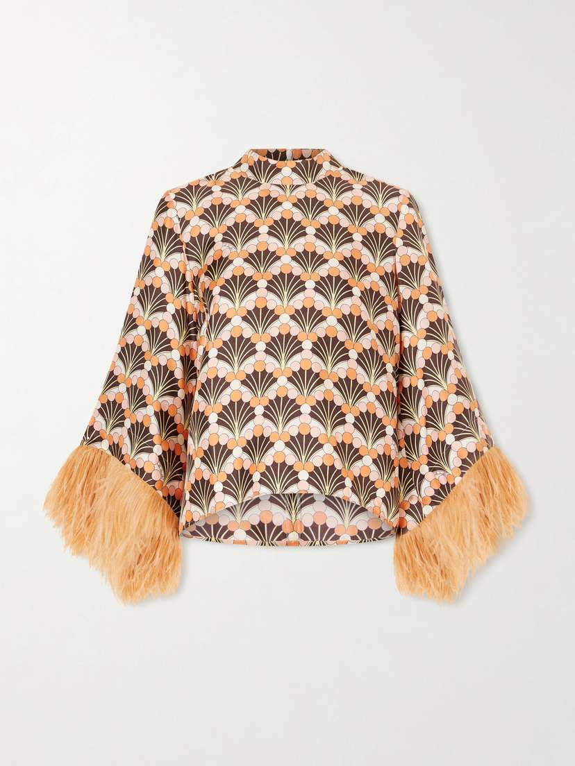 La DoubleJ Make An Exit Feather-trimmed Printed Silk-twill Top