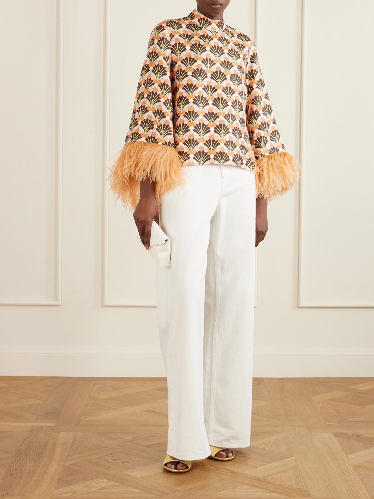 La Doublej Make An Exit Feather-trimmed Printed Silk-twill Top In Orange