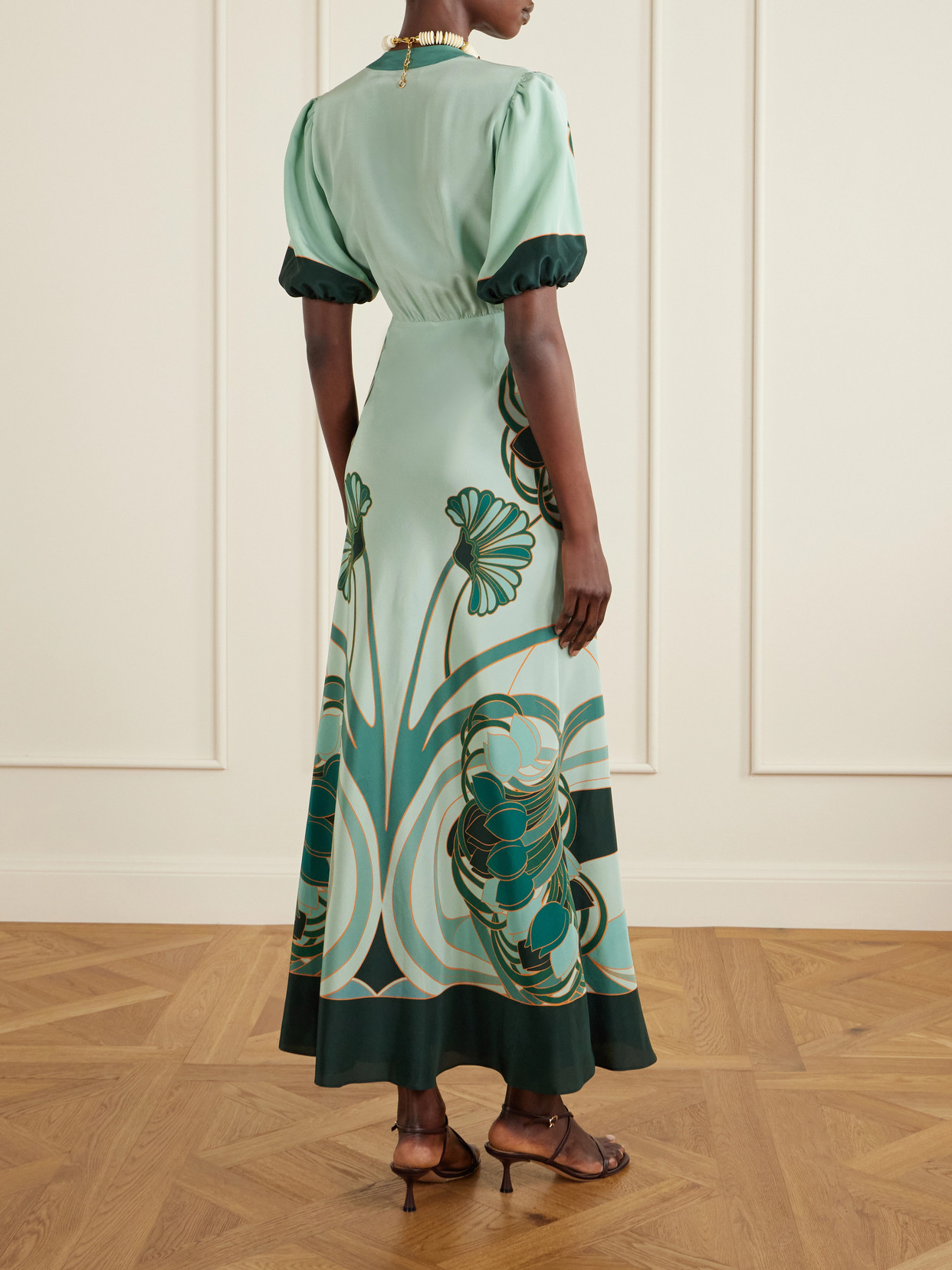 La Doublej Marlene Satin-trimmed Printed Silk-crepe Midi Dress In Green