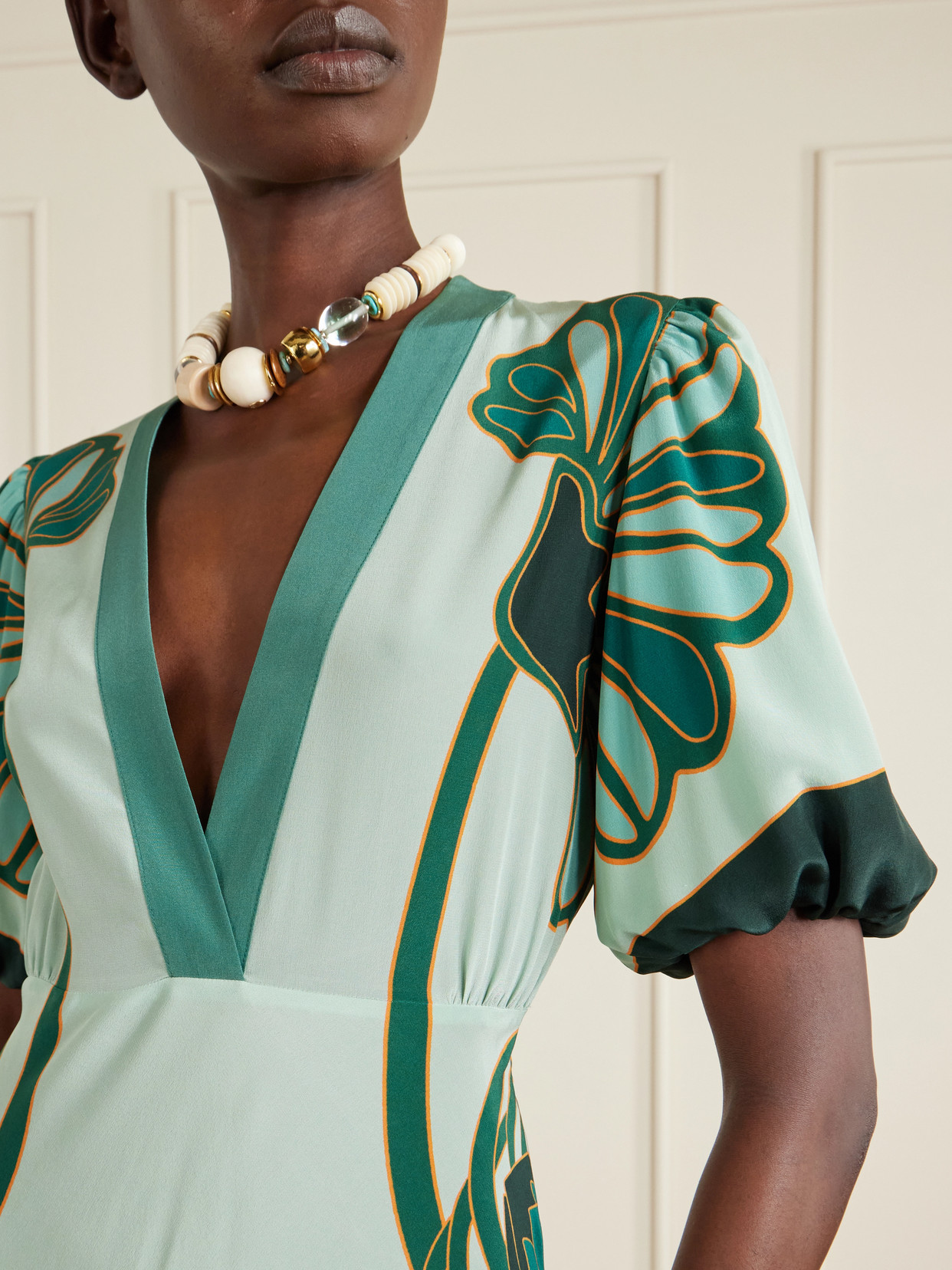 La Doublej Marlene Satin-trimmed Printed Silk-crepe Midi Dress In Green