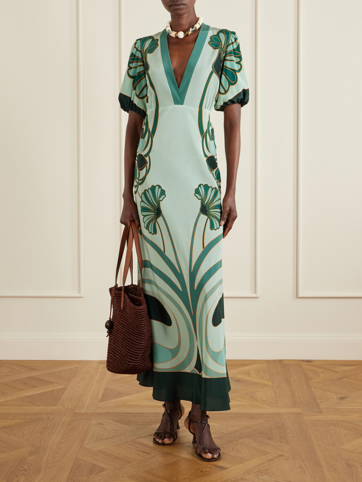La Doublej Marlene Satin-trimmed Printed Silk-crepe Midi Dress In Green