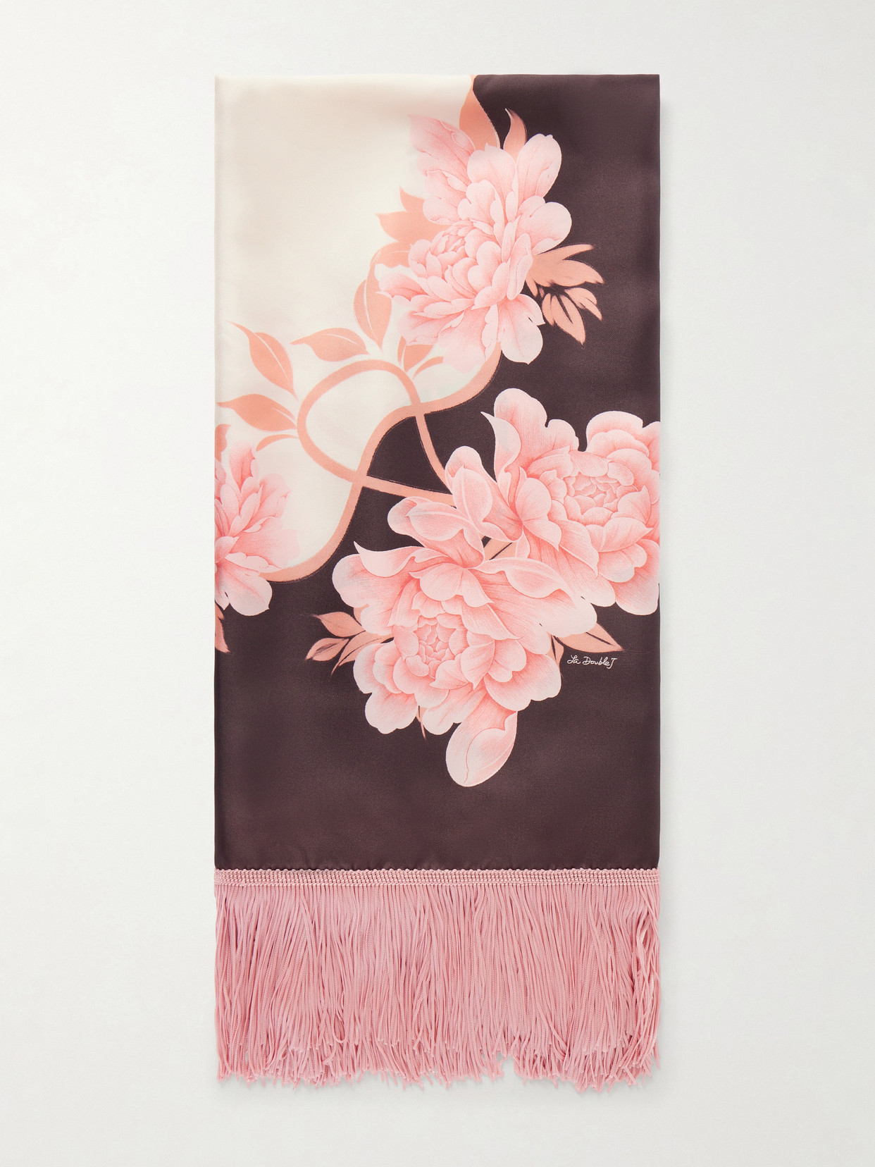La Doublej Fringed Floral-print Silk-twill Scarf In Orange