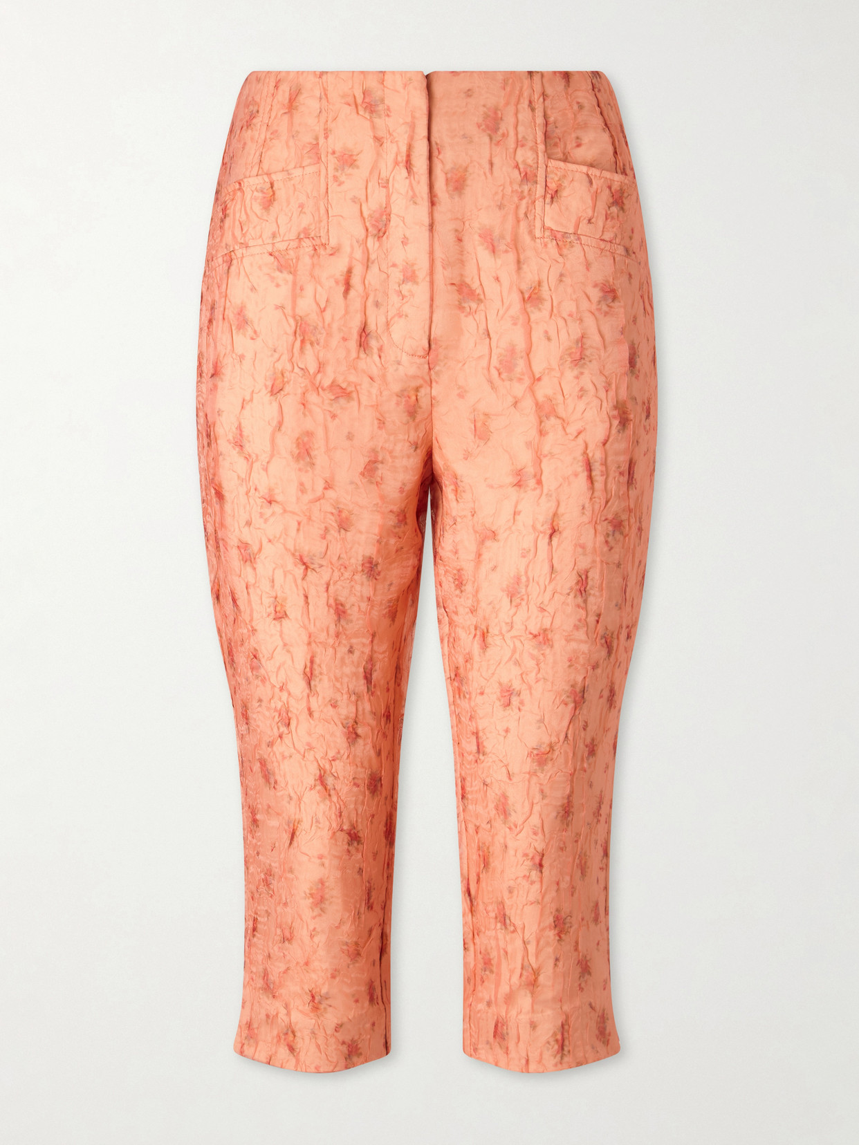 Ganni Floral-print Crinkled Shibori-organza Skinny-leg Capri Pants In Pink